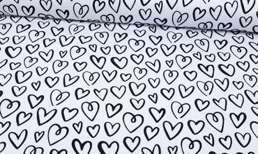 French Terry Brushed - Black and White Hearts