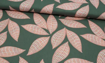 Leinen - Grosse Blätter Altgrün Coral