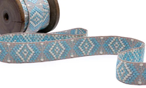 Gewobenes Band 25mm Rhombus Natur Hellblau Ecru Lurex VOGWB-2542.jpg