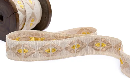 Gewobenes Band 25mm Rhombus Ecru Beige Gold Lurex VOGWB-2543.jpg