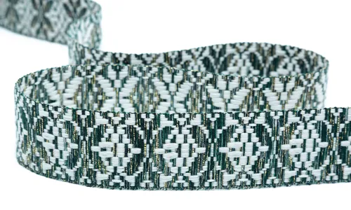 Gewobenes Band 40 mm Snowflake Dunkelgrün Weiss Gold 49-040-313003.jpg