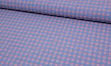 Seersucker Baumwollmix Karos - Dunstblau Lachsrosa