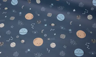 Regenjackenstoff - Planeten Monde und Sterne Dunkelblau